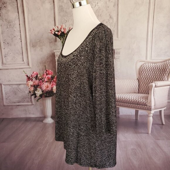Obsession Black Sparkly Scoop Neck 3/4 Sleeve High Low Hem Blouse Plus Size 3X - Picture 3 of 6